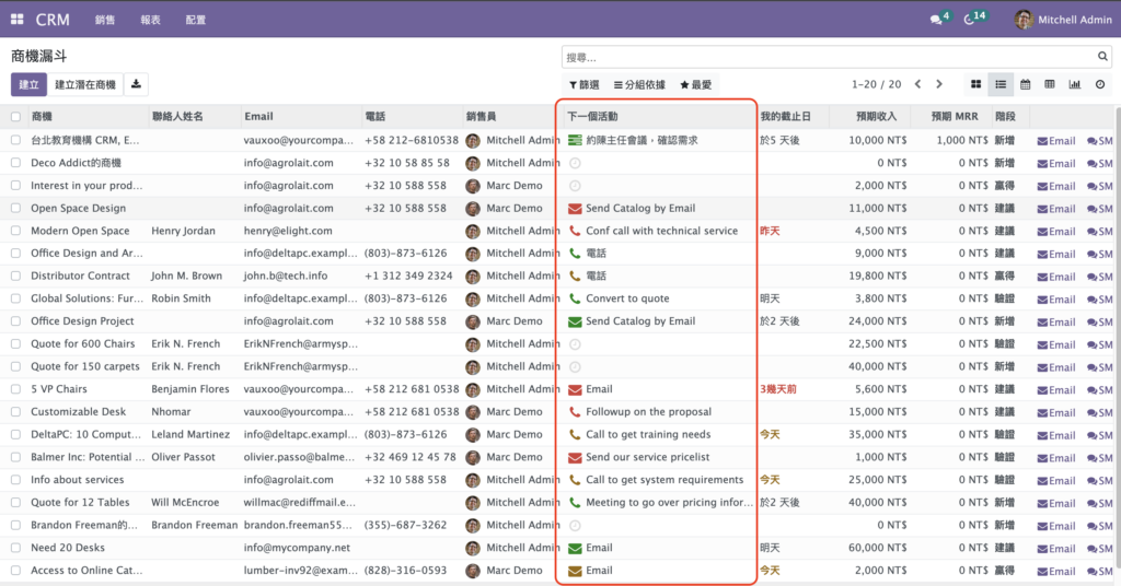 Odoo 商機列表模式追蹤多個活動