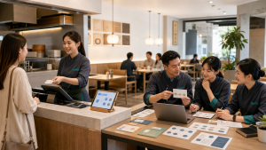 台灣餐飲門市中,店員協助顧客,營運團隊檢視抽象會員資料同意與偏好治理流程。