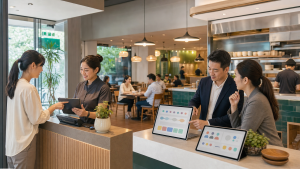 台灣餐飲門市中,店員協助顧客完成會員互動,營運團隊檢視抽象回訪週期資料。