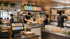 台灣餐飲門市尖峰時段中,POS 訂單畫面、廚房出餐看板、外送自取袋與備料庫存區串成整合營運流程。